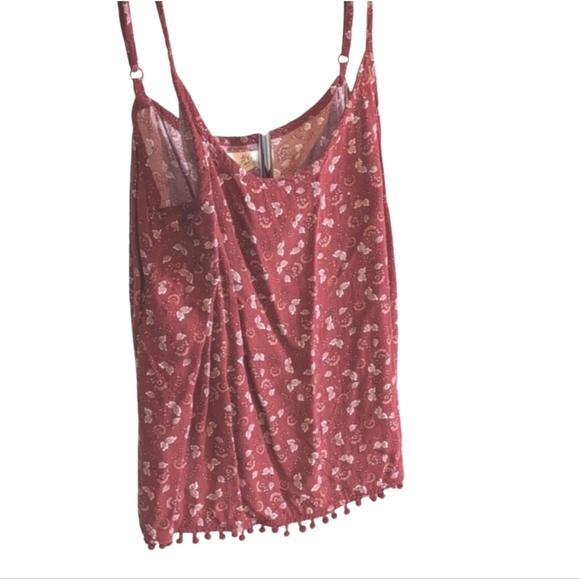 Harlow Red Boho Floral Tank Top | Size M Sleeveless Blouse with Pom Trim - Picture 2 of 8